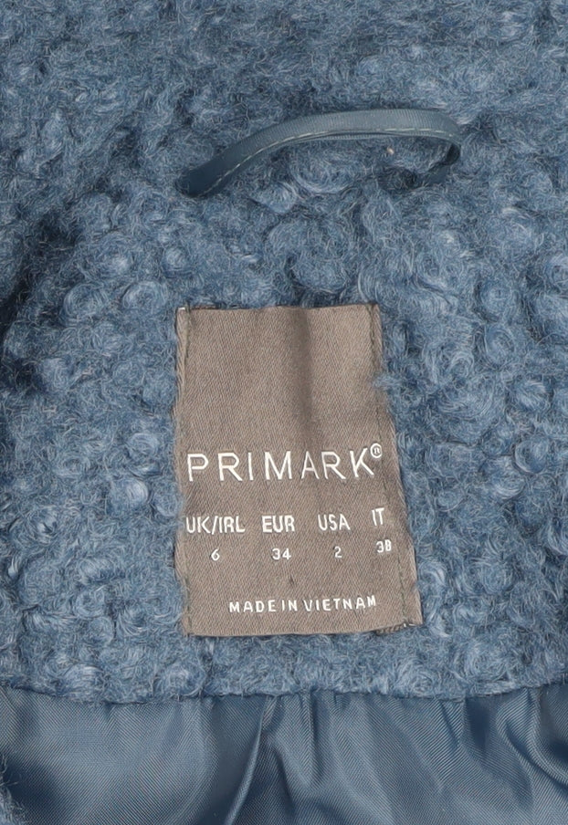 Primark Women Blue Mid-Length Overcoat Size 6 Polyester Lined Button