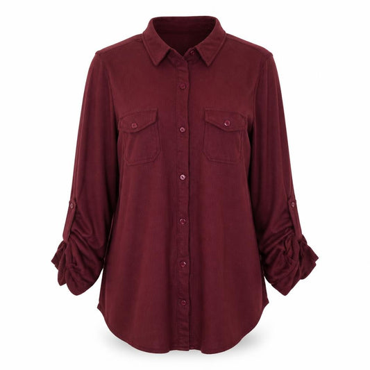 Front view of Passport women’s red collared button-up long sleeve shirt xl