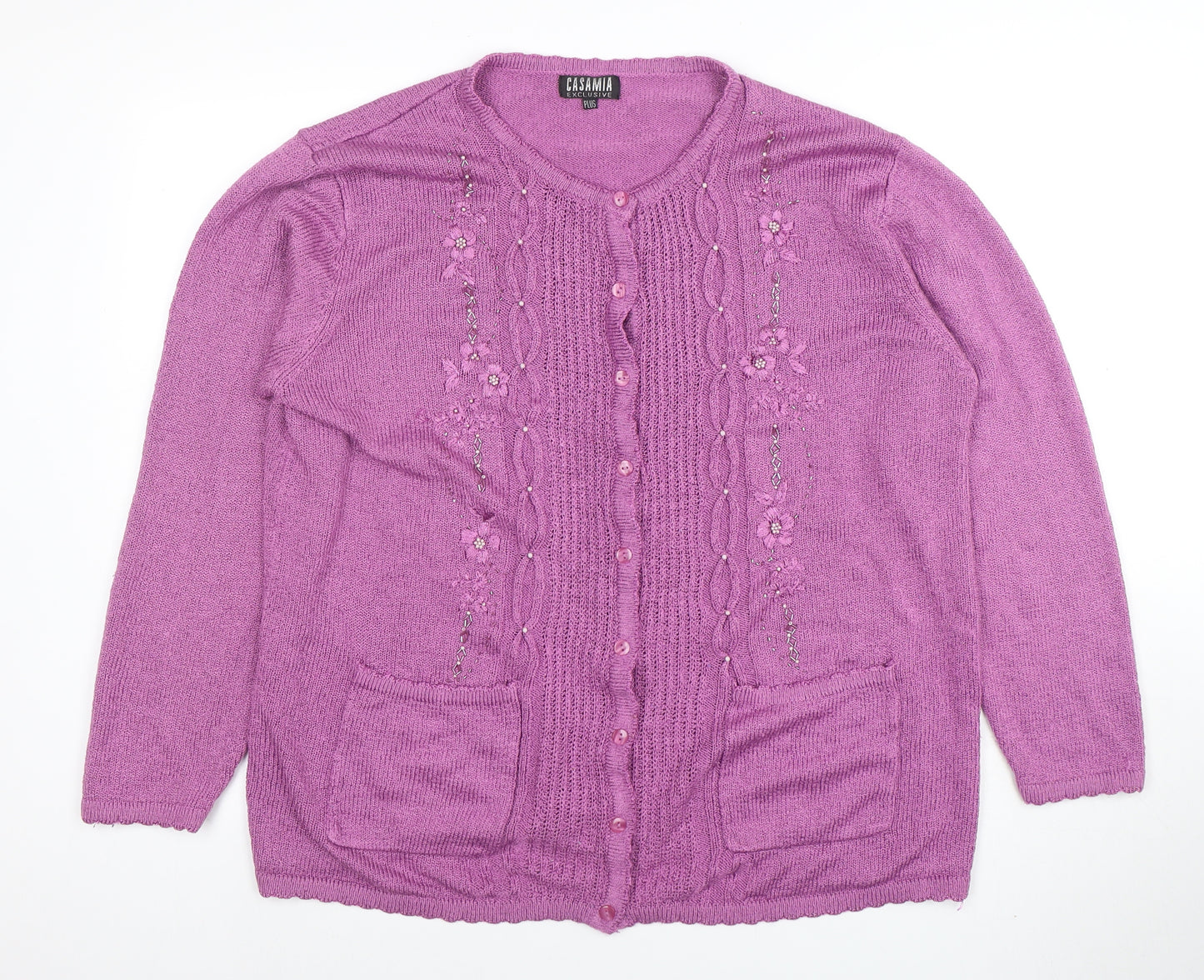 Casamia Women’s Purple Plus Size Knit Cardigan with Floral Embroidery