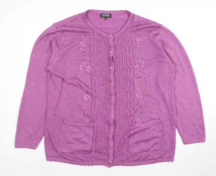 Casamia Women’s Purple Plus Size Knit Cardigan with Floral Embroidery