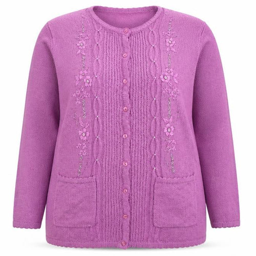 Casamia Women’s Purple Plus Size Knit Cardigan with Floral Embroidery