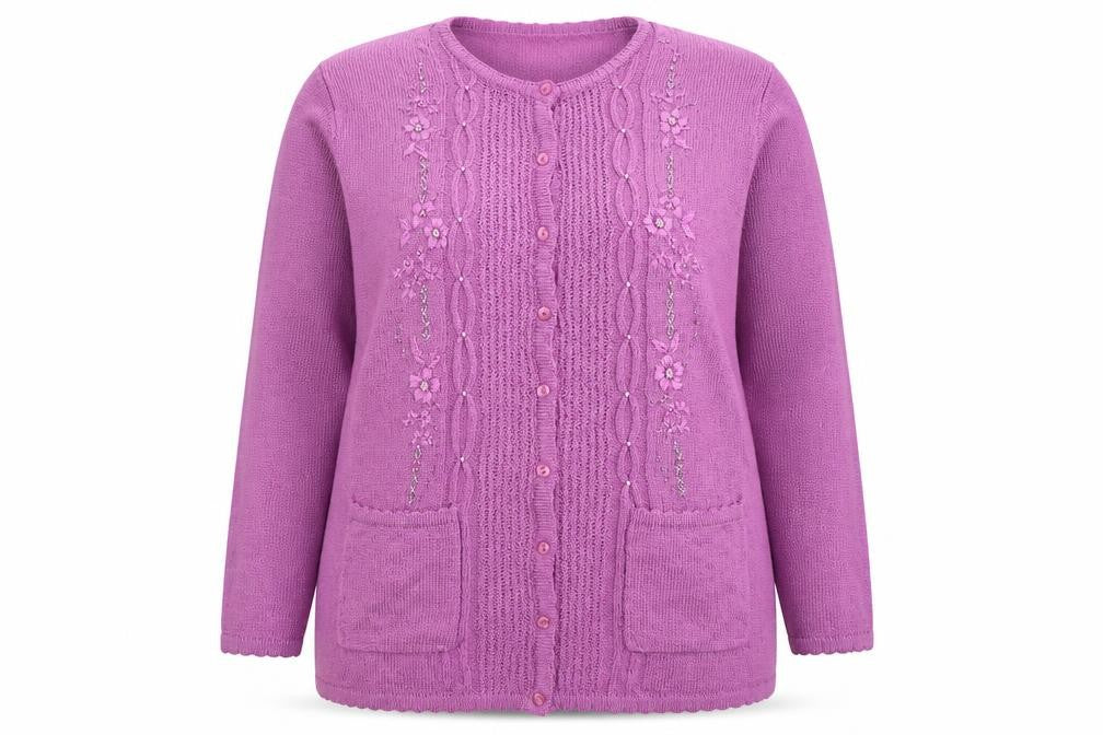Casamia Women’s Purple Plus Size Knit Cardigan with Floral Embroidery