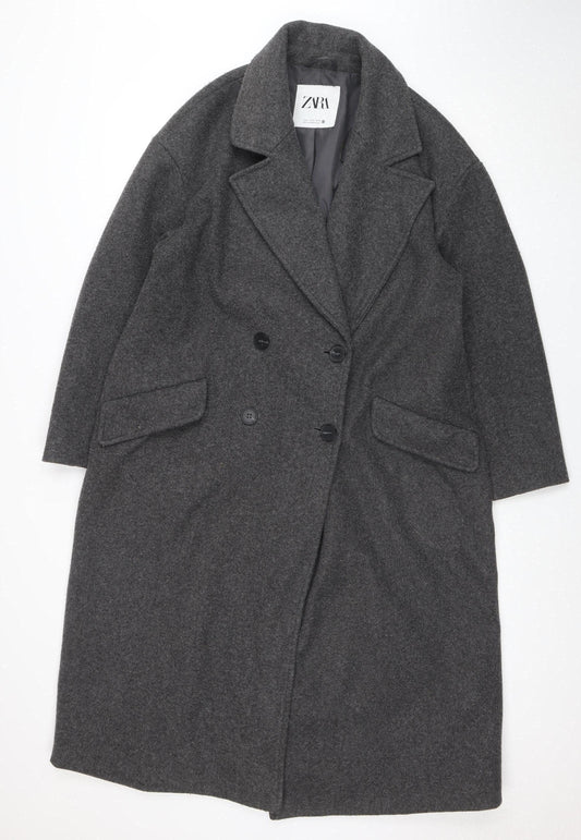 ZARA Women Grey Wool Look Long Double-Breasted Overcoat Size 12