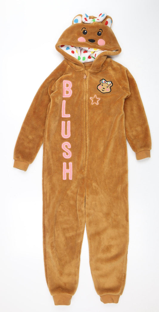 George Girls Brown Pudsey Bear Fleece One Piece 7-8 Years Hooded Pyjamas