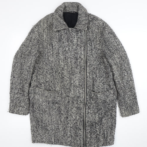 Topshop Women Grey Wool Blend Zip Long Tweed Overcoat UK 10