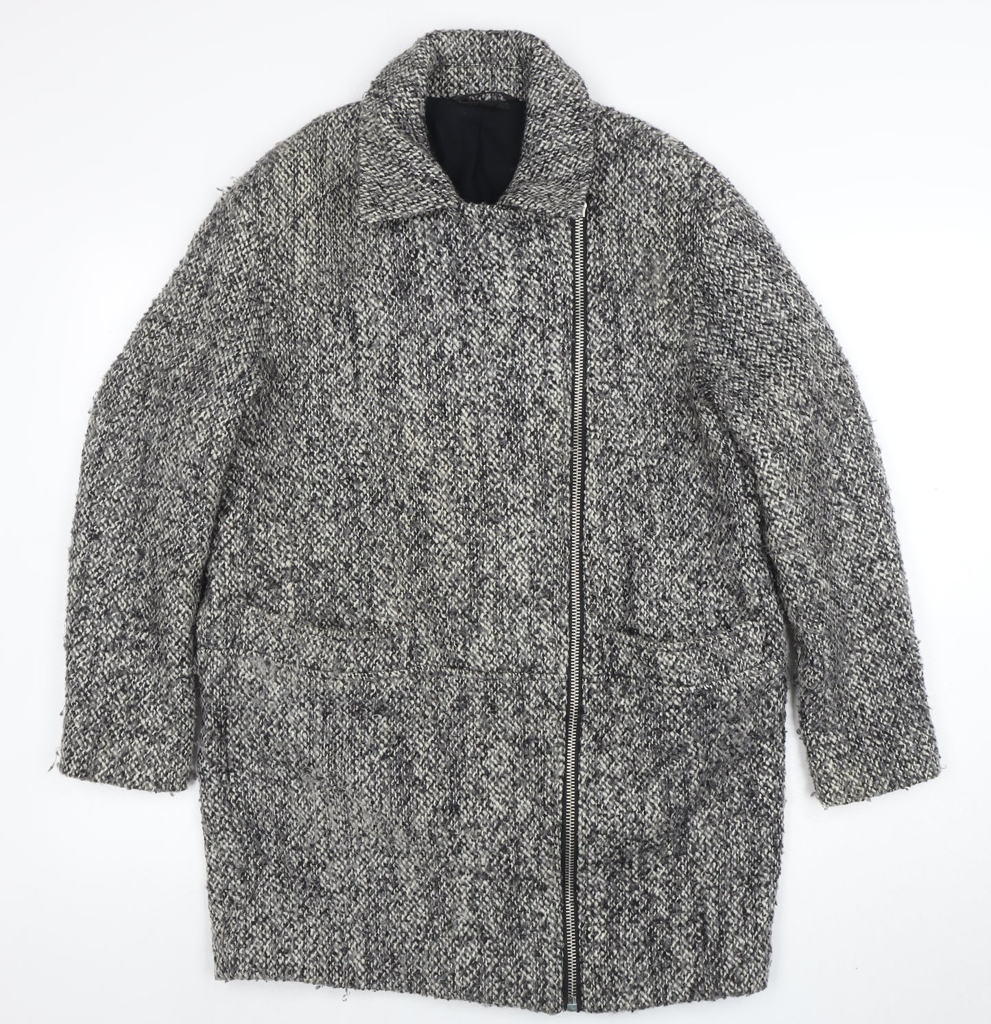 Topshop Women Grey Wool Blend Zip Long Tweed Overcoat UK 10