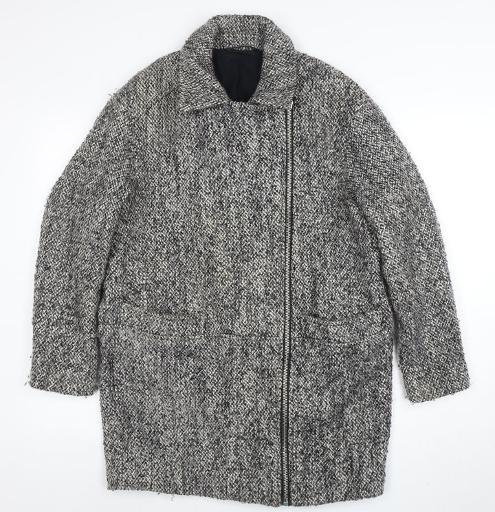 Topshop Women Grey Wool Blend Zip Long Tweed Overcoat UK 10