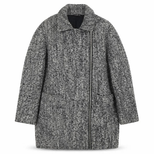 Topshop Women Grey Wool Blend Zip Long Tweed Overcoat UK 10
