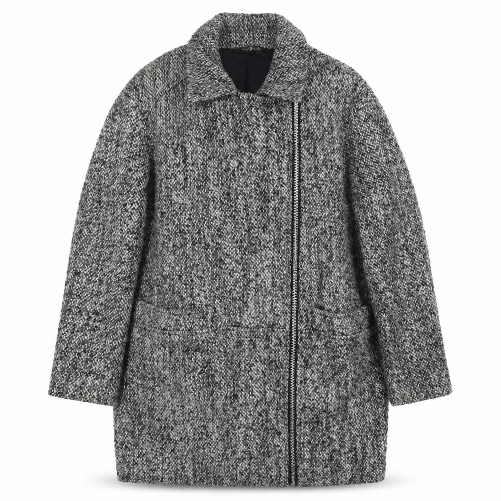 Topshop Women Grey Wool Blend Zip Long Tweed Overcoat UK 10