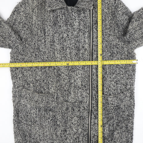 Topshop Women Grey Wool Blend Zip Long Tweed Overcoat UK 10