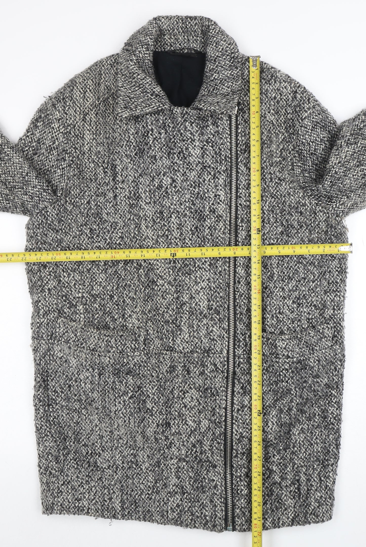 Topshop Women Grey Wool Blend Zip Long Tweed Overcoat UK 10