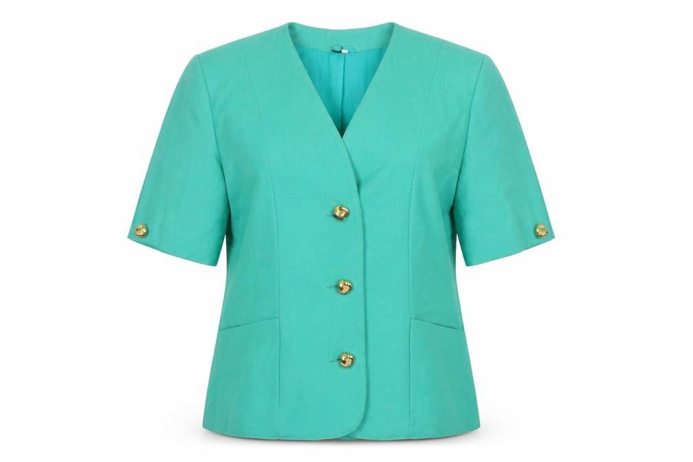 Front view of First Avenue women’s green short sleeve suit jacket, size UK 14
