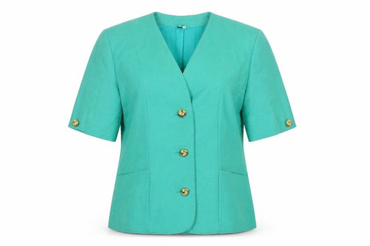 Front view of First Avenue women’s green short sleeve suit jacket, size UK 14