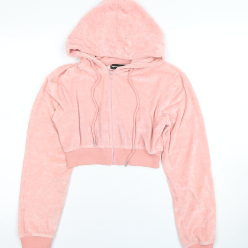 PrettyLittleThing Womens Pink Full Zip Velour Hoodie UK 8