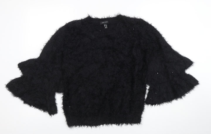 New Look Women's Black Flared Sleeve Fuzzy Pullover Jumper Size M