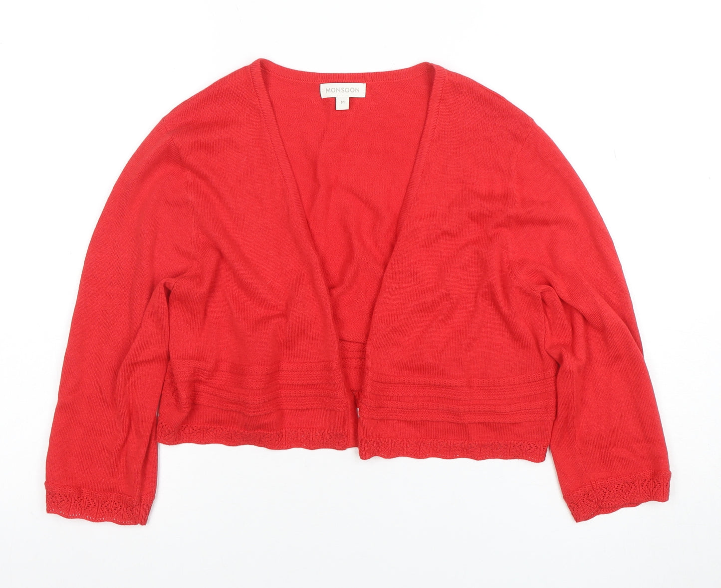 Monsoon Women Red Cotton Modal 3/4 Sleeve V-Neck Cardigan M
