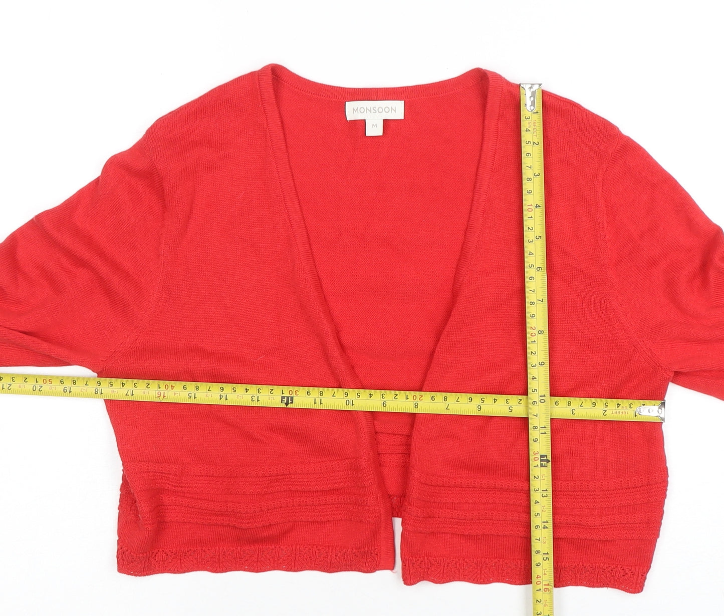 Monsoon Women Red Cotton Modal 3/4 Sleeve V-Neck Cardigan M