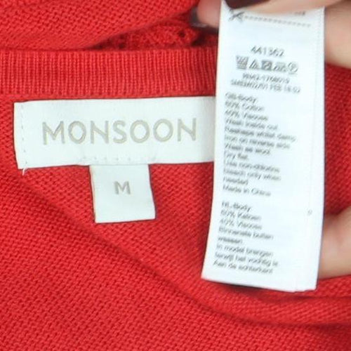 Monsoon Women Red Cotton Modal 3/4 Sleeve V-Neck Cardigan M