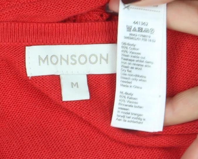 Monsoon Women Red Cotton Modal 3/4 Sleeve V-Neck Cardigan M