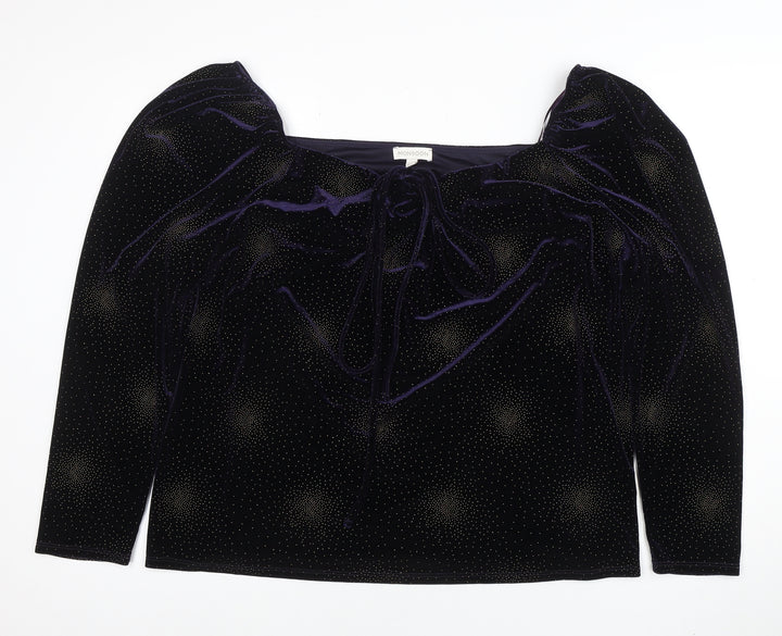 Monsoon Womens Purple Velvet Glitter Blouse 2XL Long Sleeve Square Neck