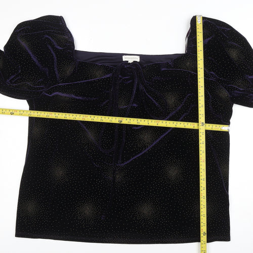 Monsoon Womens Purple Velvet Glitter Blouse 2XL Long Sleeve Square Neck