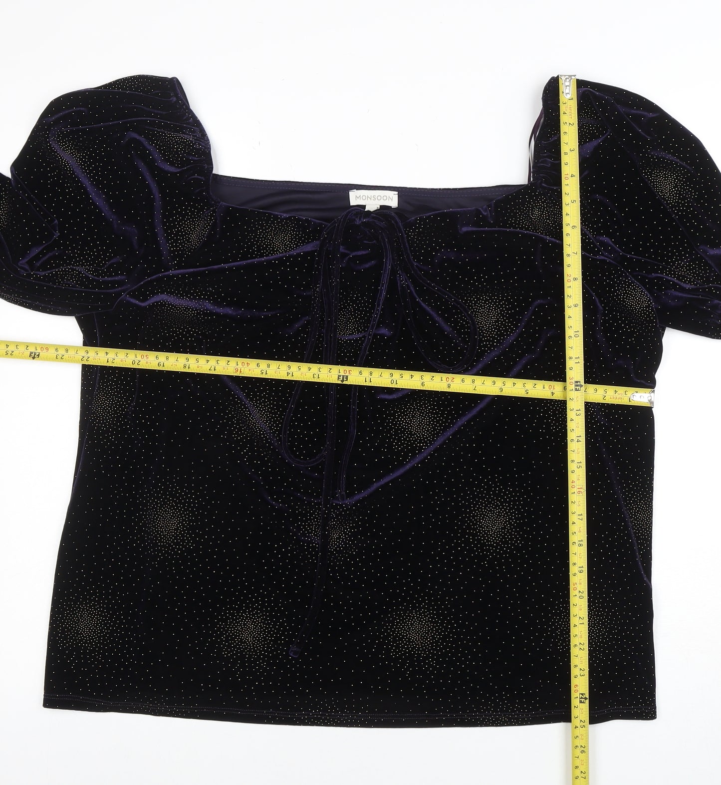 Monsoon Womens Purple Velvet Glitter Blouse 2XL Long Sleeve Square Neck