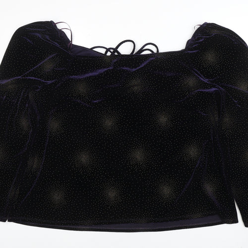 Monsoon Womens Purple Velvet Glitter Blouse 2XL Long Sleeve Square Neck