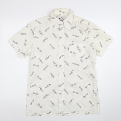 Brutus Men's White Short Sleeve Button-Up Shirt M Retro Graphic Print