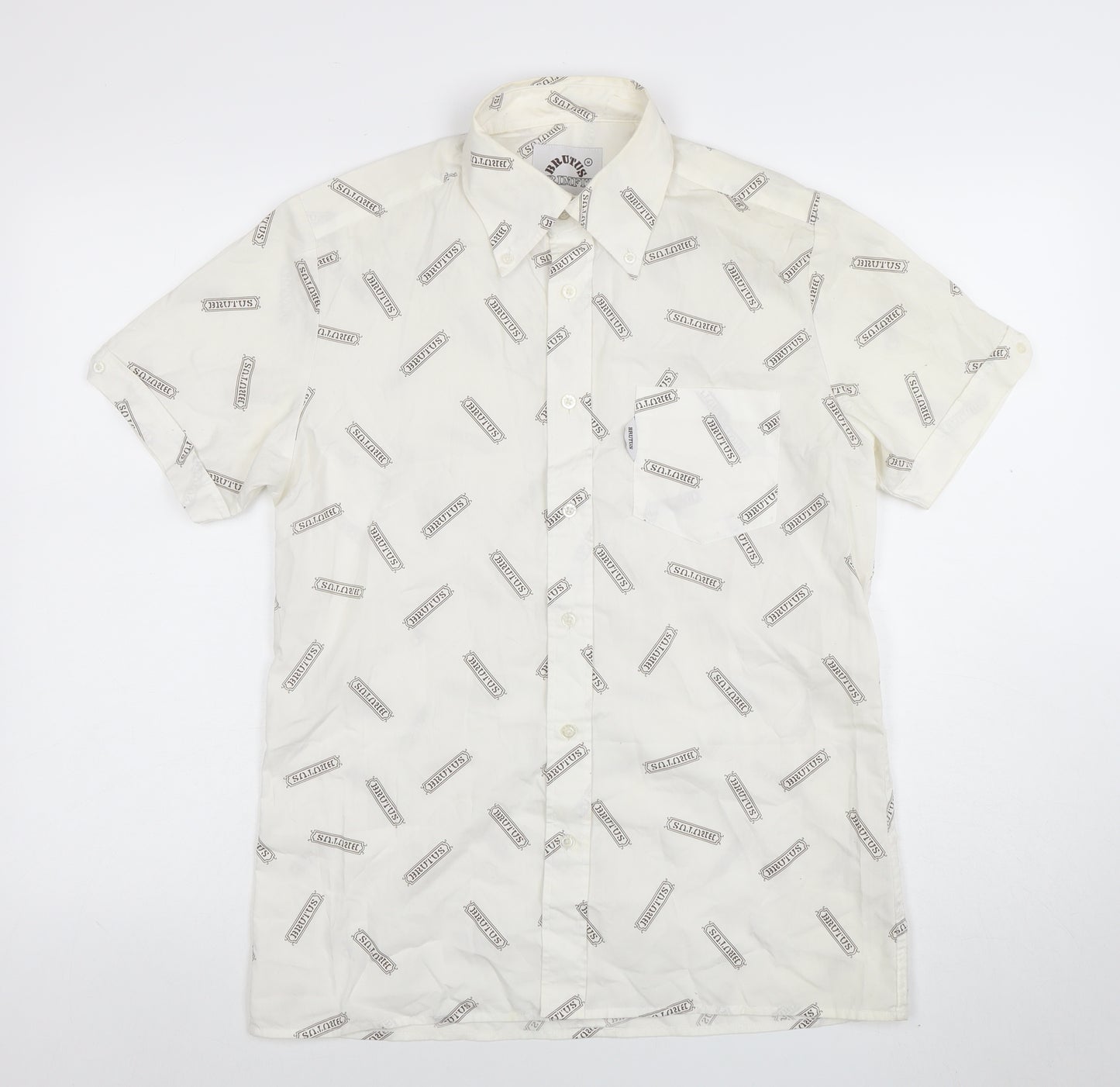 Brutus Men's White Short Sleeve Button-Up Shirt M Retro Graphic Print