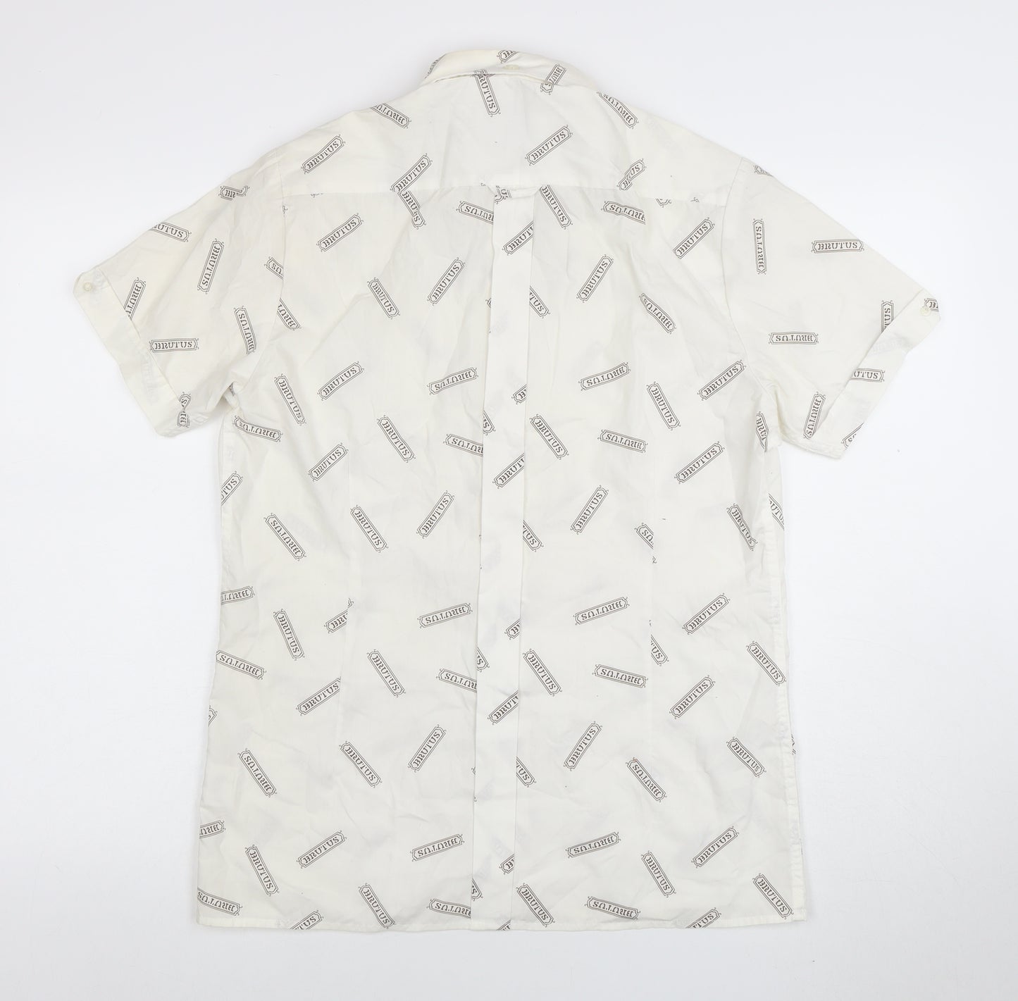 Brutus Men's White Short Sleeve Button-Up Shirt M Retro Graphic Print
