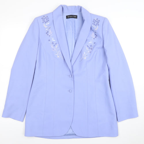 Jacques Vert Women Blue Embroidered Shawl Lapel Two-Button Blazer UK 12