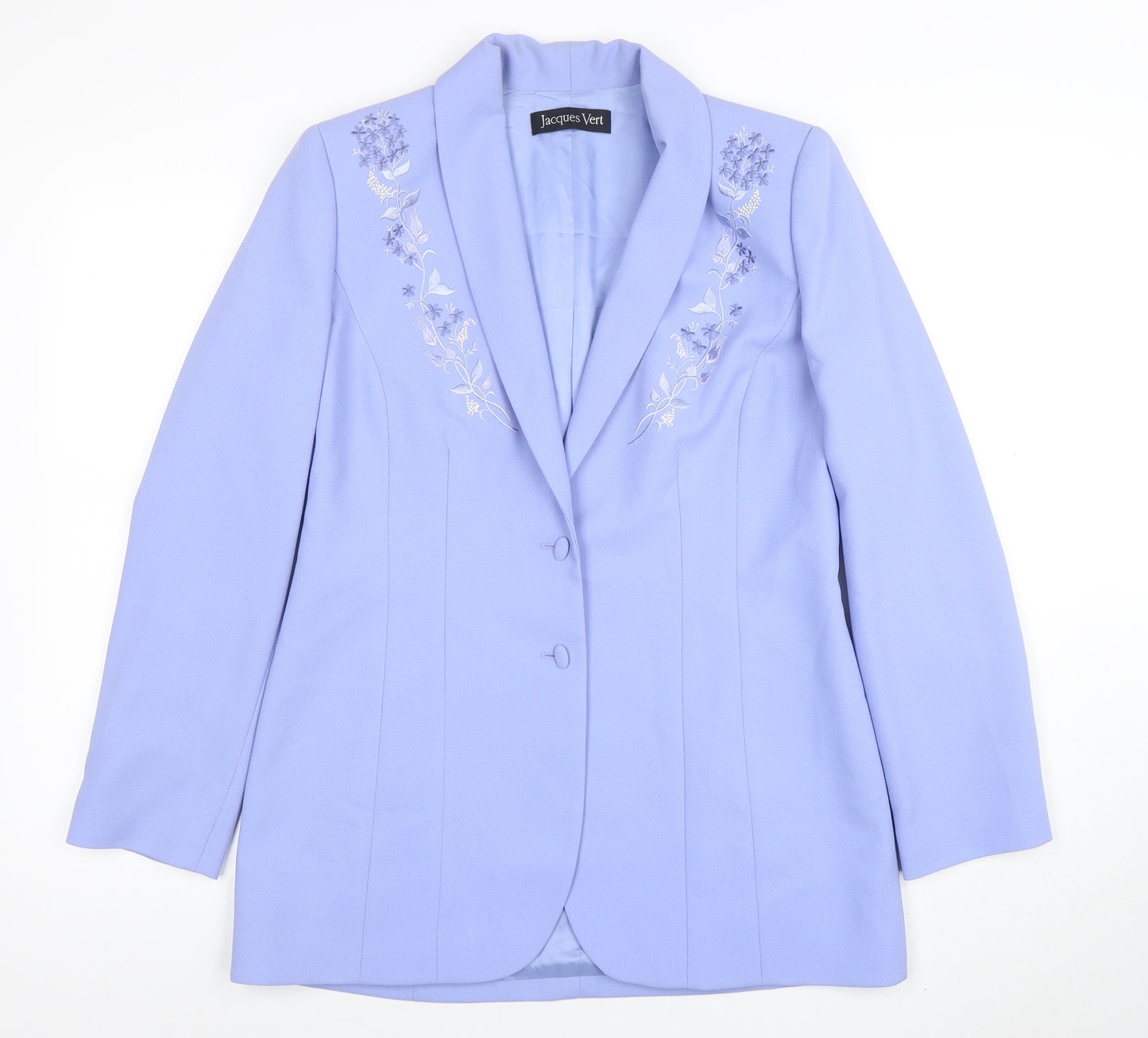 Jacques Vert Women Blue Embroidered Shawl Lapel Two-Button Blazer UK 12