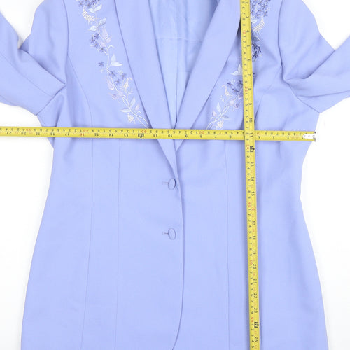 Jacques Vert Women Blue Embroidered Shawl Lapel Two-Button Blazer UK 12