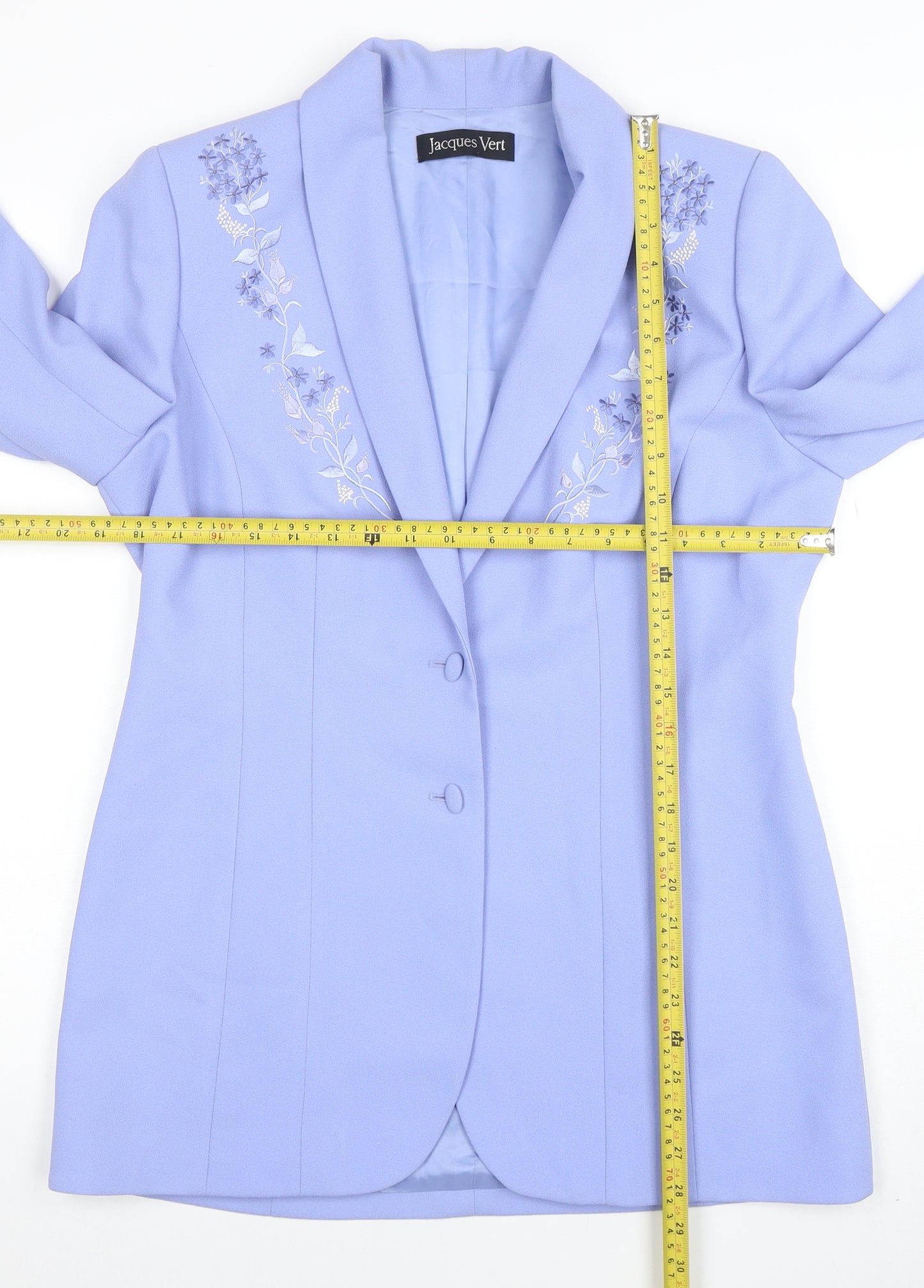 Jacques Vert Women Blue Embroidered Shawl Lapel Two-Button Blazer UK 12