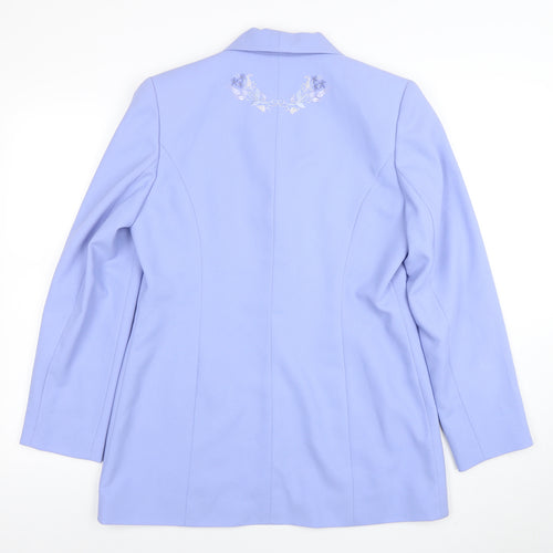 Jacques Vert Women Blue Embroidered Shawl Lapel Two-Button Blazer UK 12
