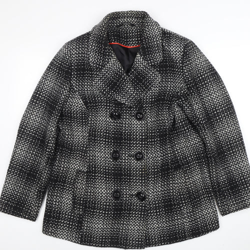 Classic Womens Black Check Tweed Pea Coat Size 16 Lined Mid-Length Jacket