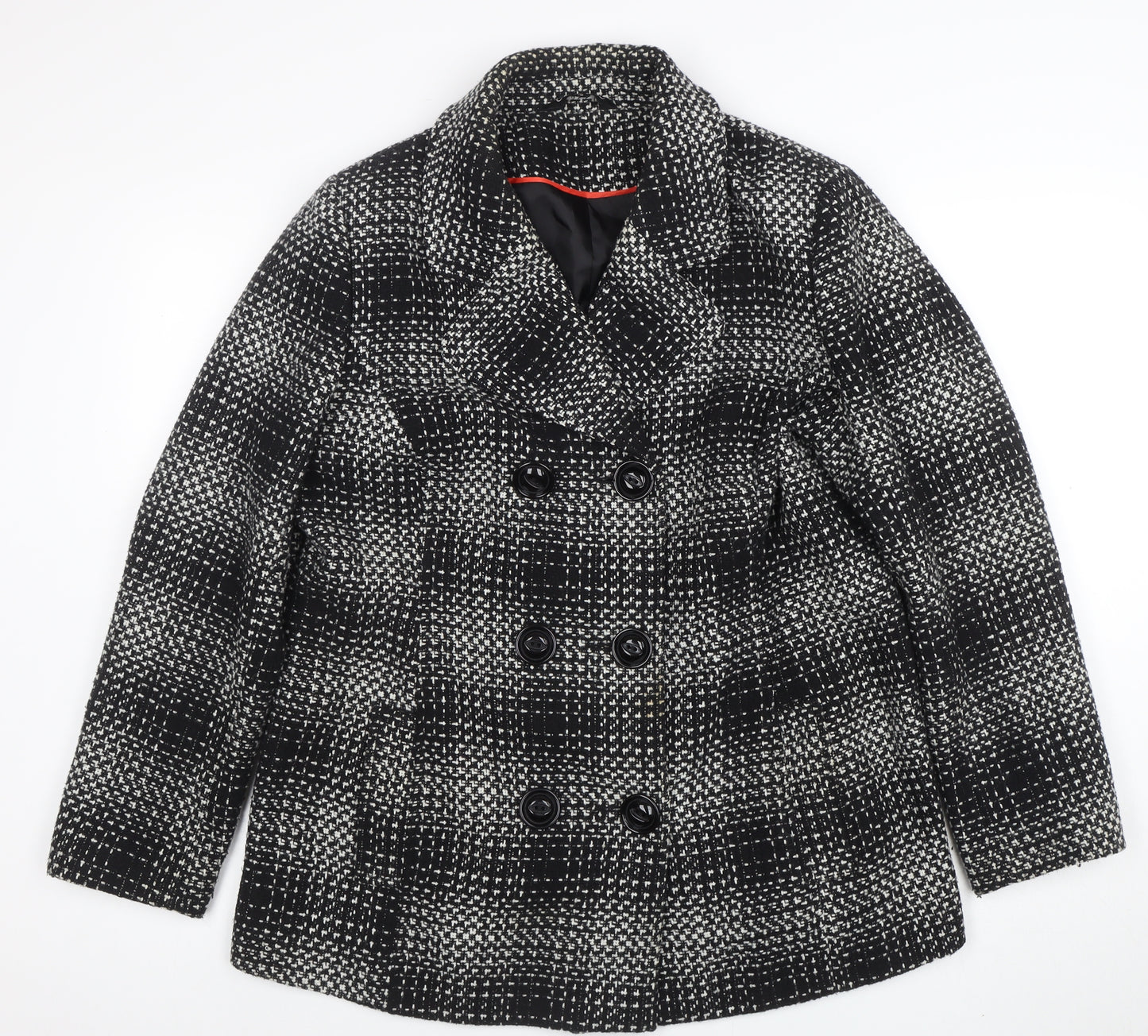 Classic Womens Black Check Tweed Pea Coat Size 16 Lined Mid-Length Jacket