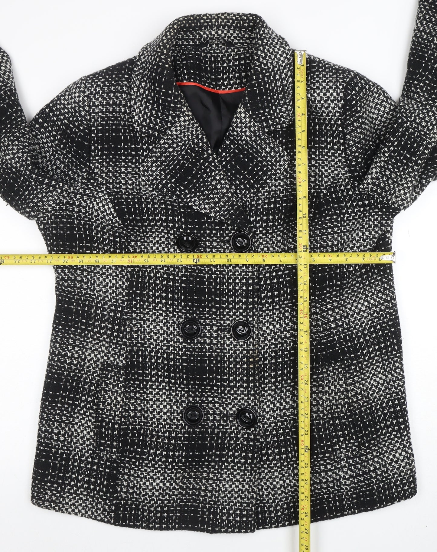 Classic Womens Black Check Tweed Pea Coat Size 16 Lined Mid-Length Jacket