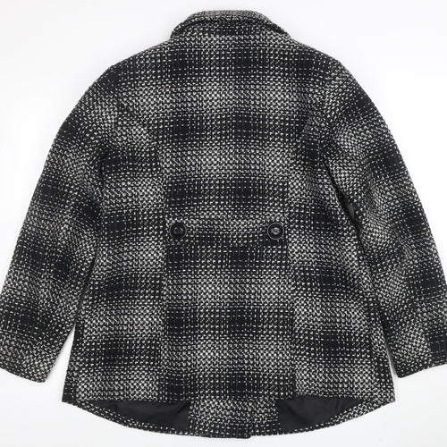 Classic Womens Black Check Tweed Pea Coat Size 16 Lined Mid-Length Jacket