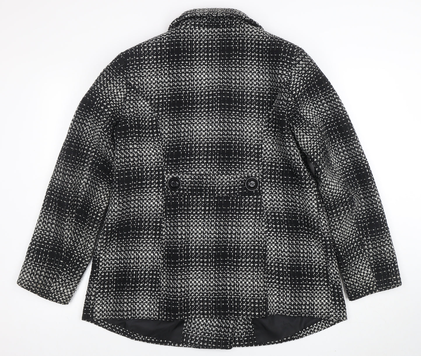 Classic Womens Black Check Tweed Pea Coat Size 16 Lined Mid-Length Jacket