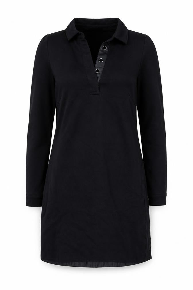 Front view of Thought Women's Black, size 8, Collared Long Sleeve Shirt Dress