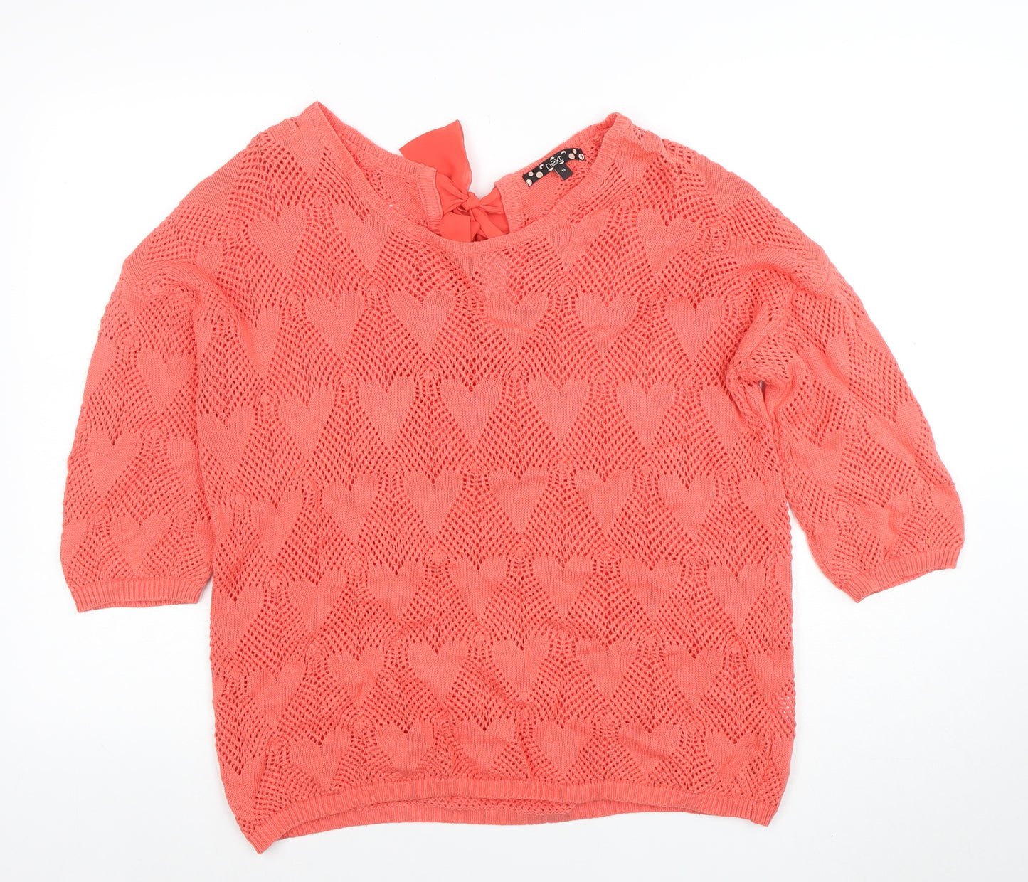 Next Womens Coral Heart Knit Bow Back Jumper Size 14