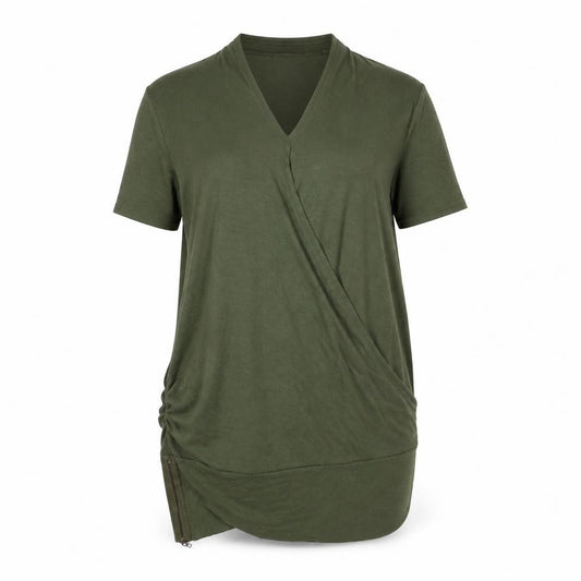 Front view of Izabel London women’s green mock neck ruched t-shirt dress, size UK 16