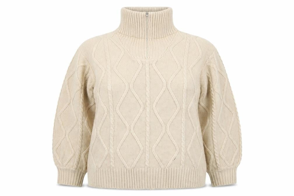 Front view of Violet Romance women’s beige, size UK 18, roll neck cable knit jumper