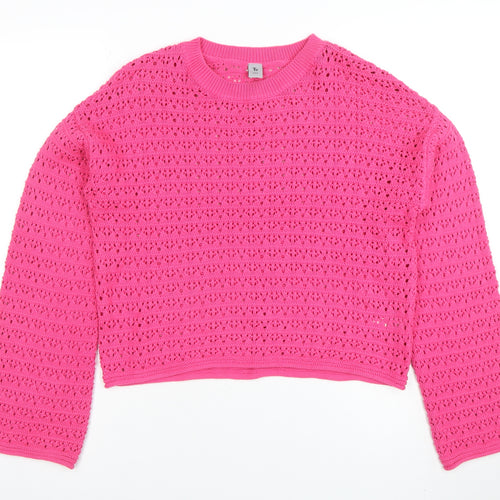 Tu Girls Pink Crochet Knit Jumper 13 Years Cotton Acrylic Crew Neck
