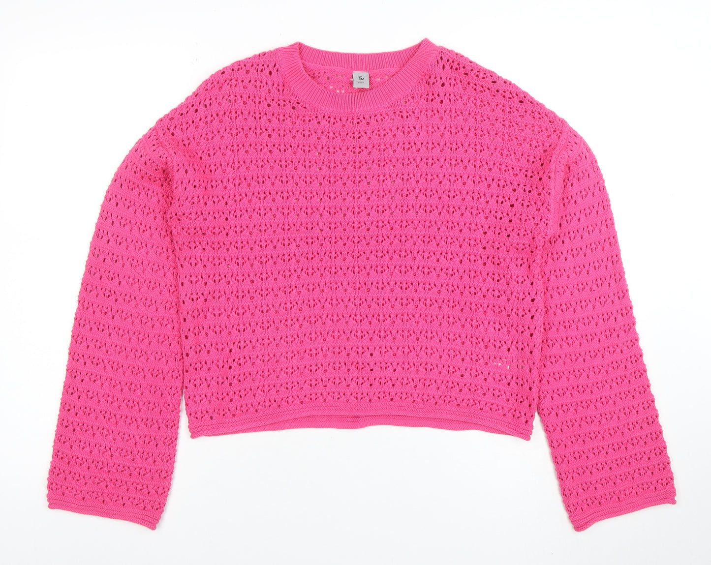Tu Girls Pink Crochet Knit Jumper 13 Years Cotton Acrylic Crew Neck