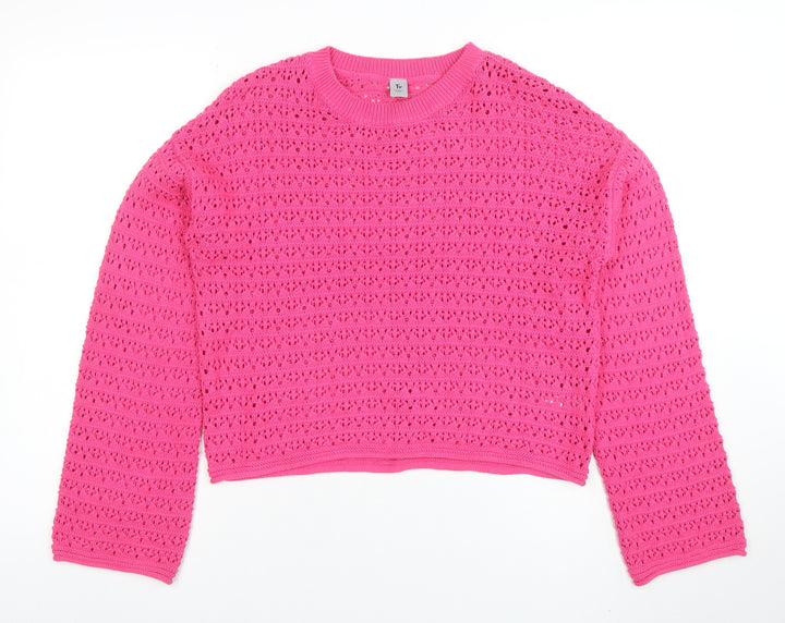 Tu Girls Pink Crochet Knit Jumper 13 Years Cotton Acrylic Crew Neck