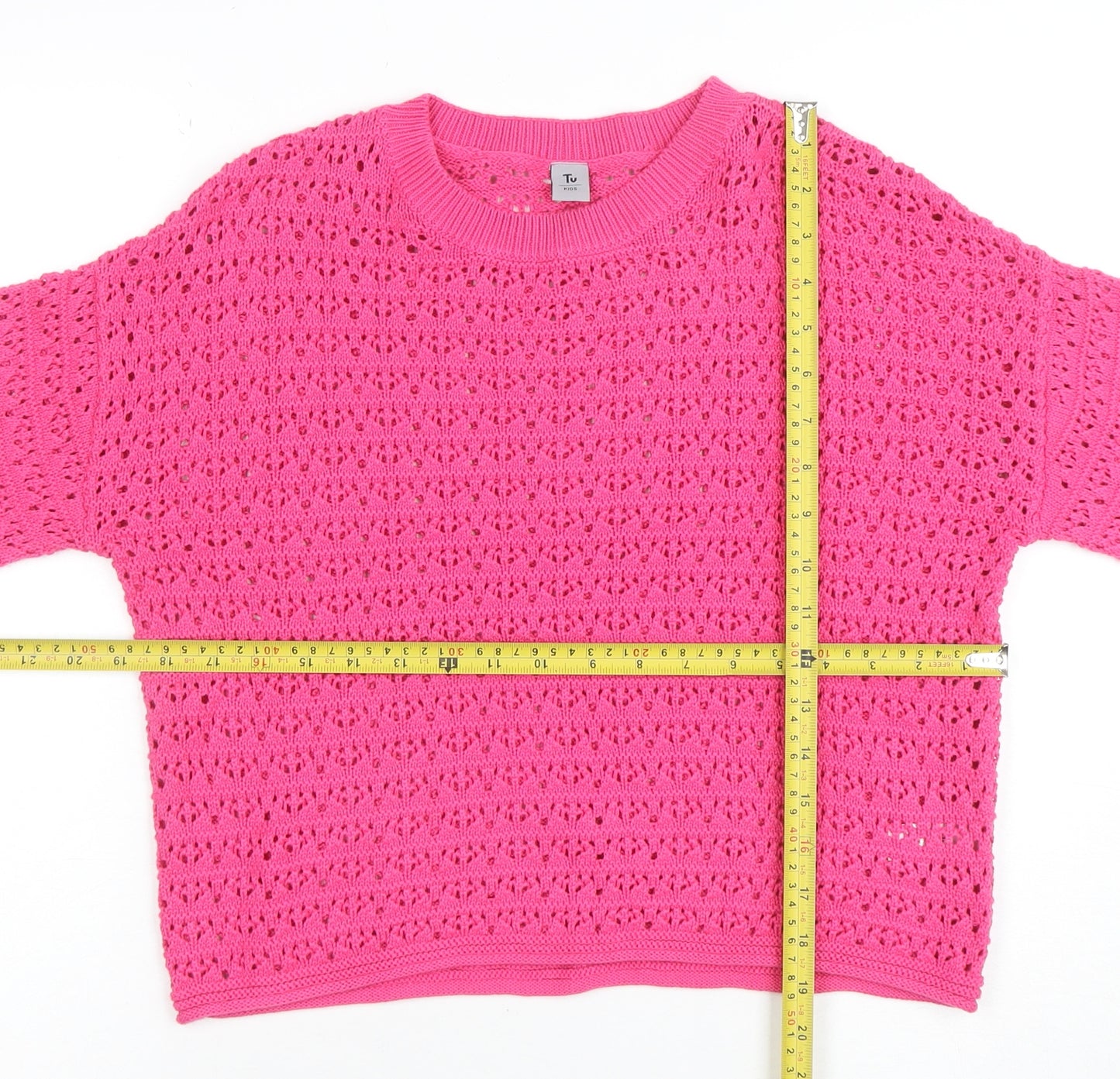 Tu Girls Pink Crochet Knit Jumper 13 Years Cotton Acrylic Crew Neck