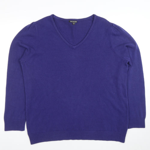 Anne Weyburn Women Purple V-Neck Cotton Cashmere Jumper Size 24