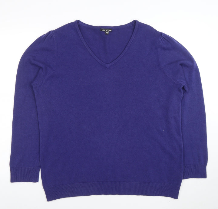 Anne Weyburn Women Purple V-Neck Cotton Cashmere Jumper Size 24